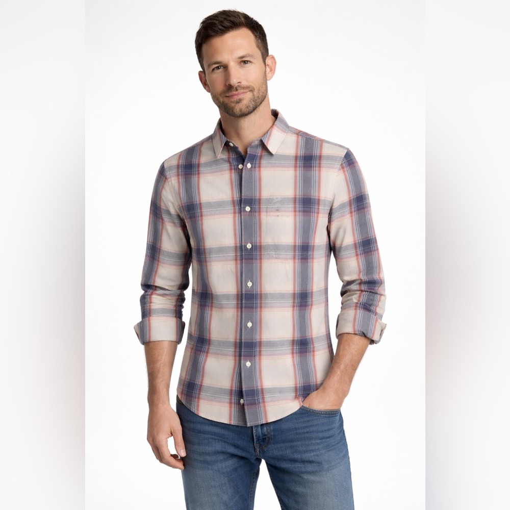 Nautica Men's Casual Plaid Shirt - Red, Gray, and White | S
